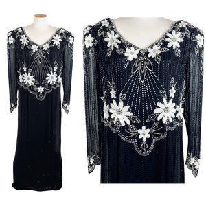 90s Landa Vintage Beaded and Sequined Floral Formal Gown Black Size Large